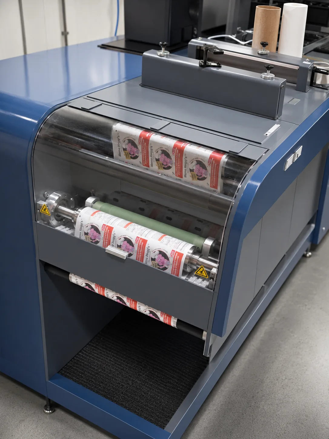 Custom roll labels running through WD Labels production equipment