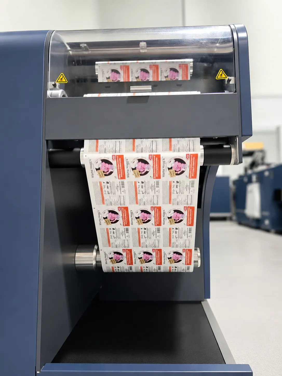 Roll labels moving through WD Labels production equipment